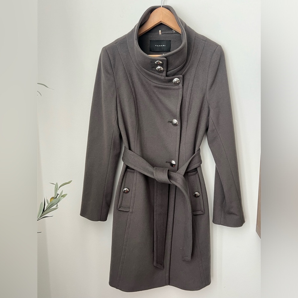 Tahari Olive Grey Tusk Loro Piana Italy Wool Coat